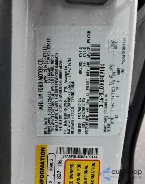 2017 Ford Fusion Se Hybrid z USA, uszkodzony, nr VIN 3FA6P0LUXHR409144